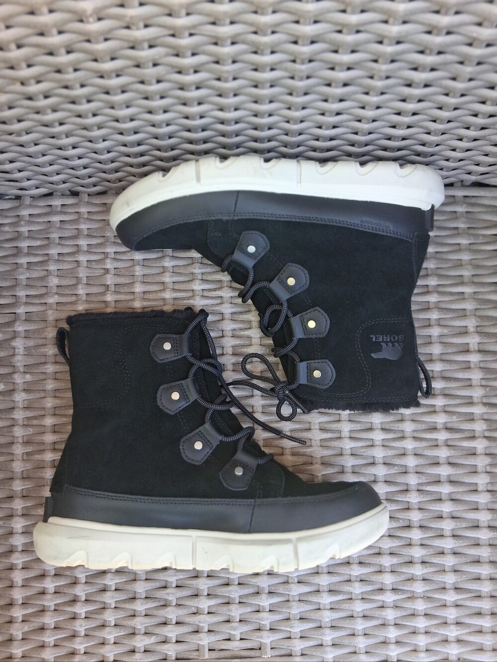Sorel  Black Suede Boots with White Sole